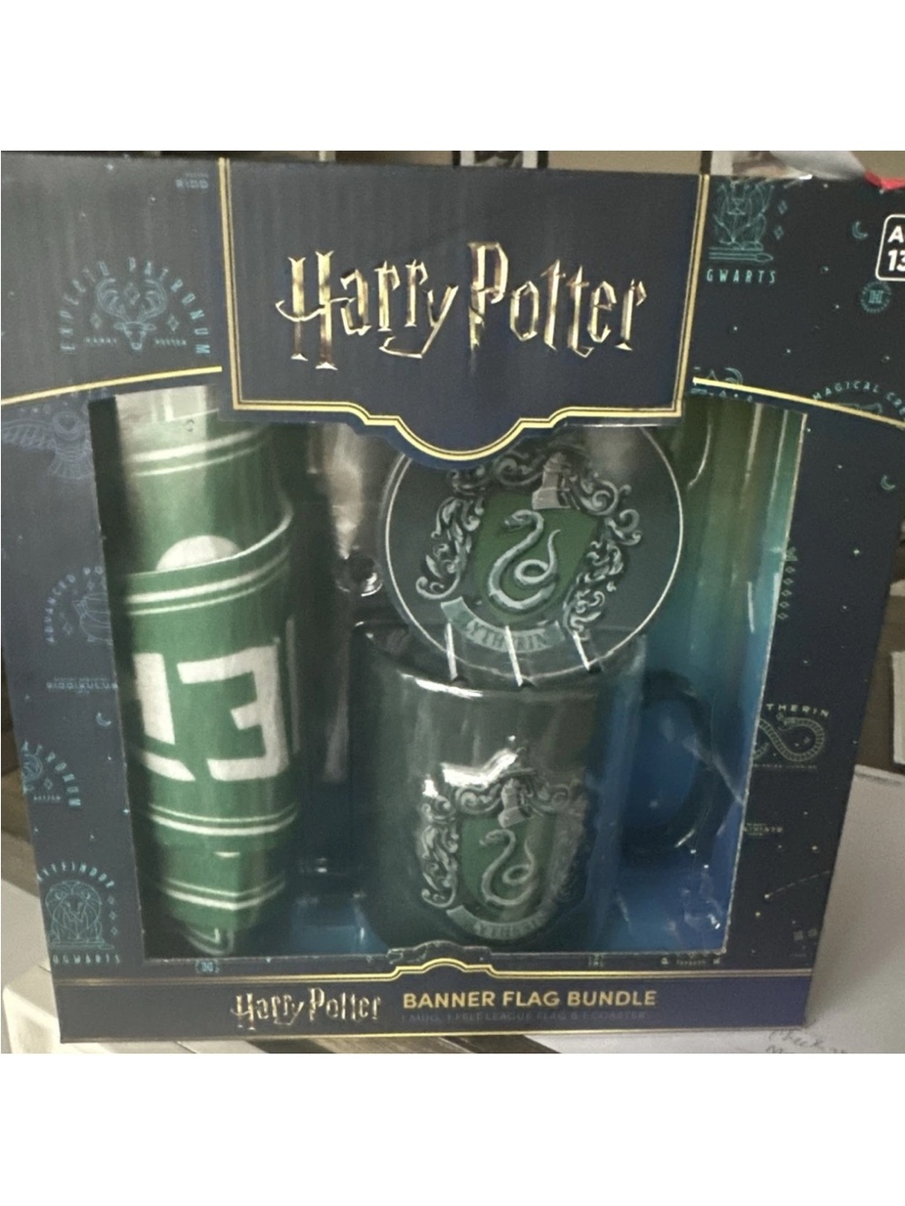 Warner Bros. Harry Potter Slytherin Green and Silver Mug & Banner Set